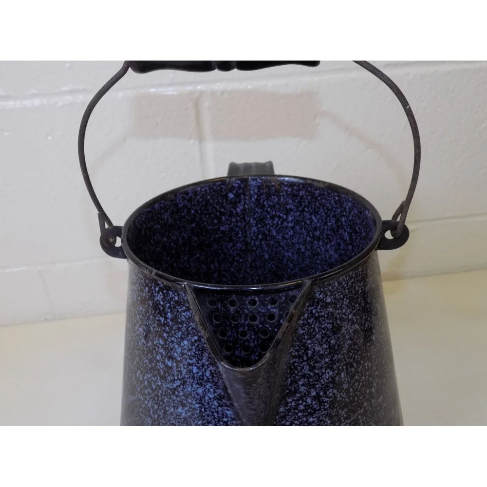 Vintage LARGE Blue Speckled Enamel Coffee Pot Wood Handle Campfire Kettle